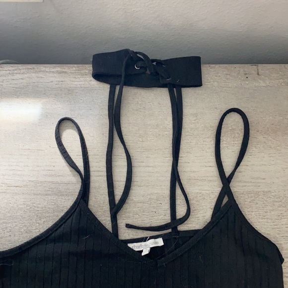 Black Ribbed Top with Choker - Picture 2 of 3